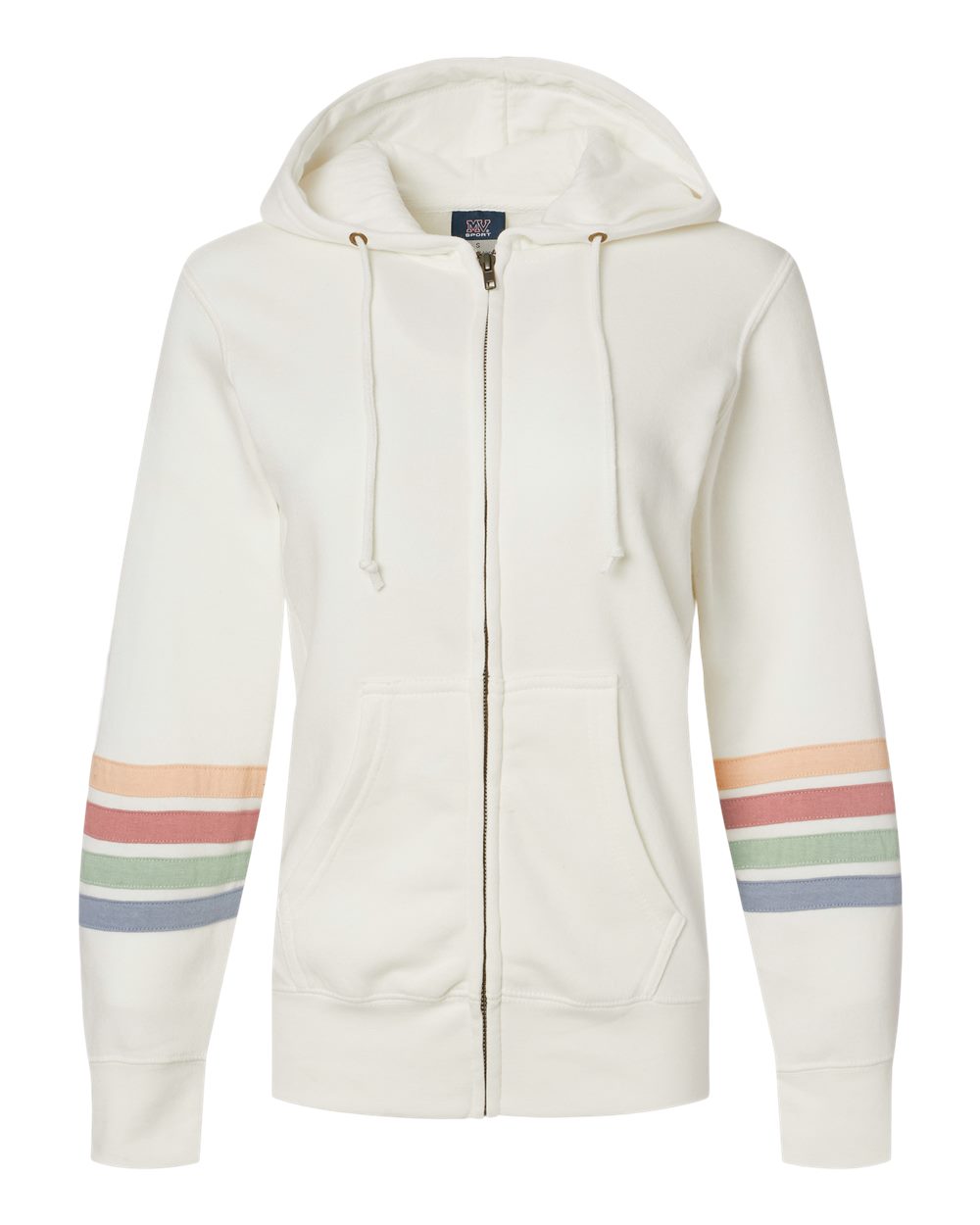MV Sport Women's Striped Sleeves Full-Zip Hooded Sweatshirt. W22732 - Ivory