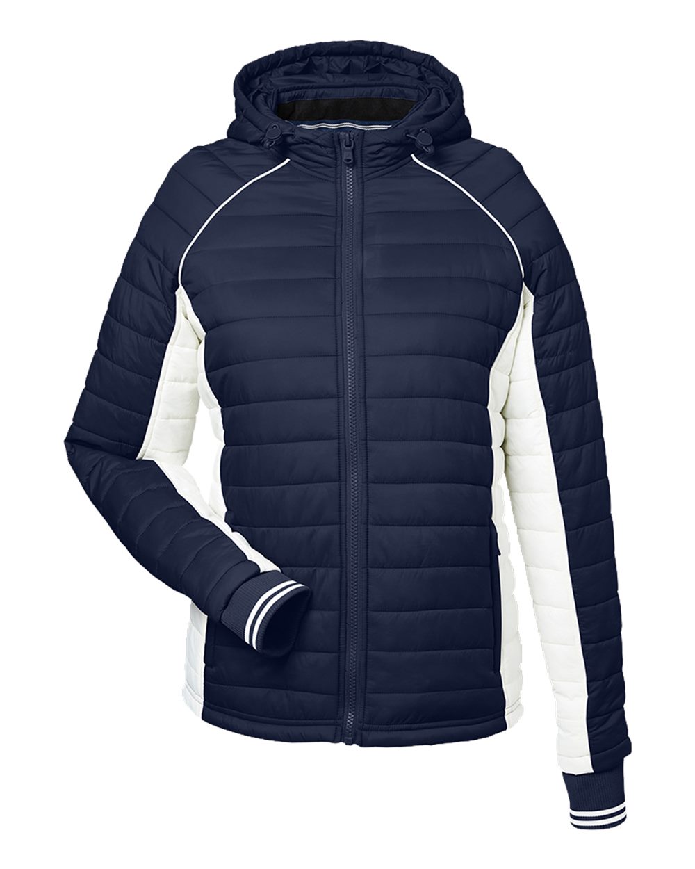 Nautica Women's Nautical Mile Hooded Puffer Jacket. N17187 - Navy/ Antique White