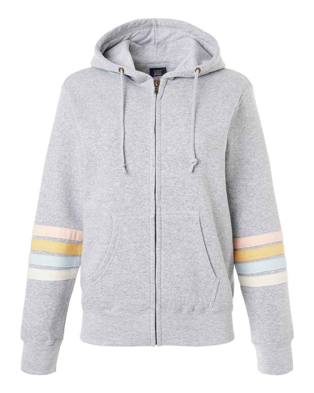 MV Sport Women's Striped Sleeves Full-Zip Hooded Sweatshirt. W22732 - Heather Grey