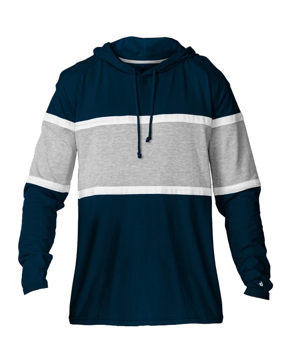 Badger Unisex United Hooded Long Sleeve T-Shirt. 4981 - Navy/ Oxford/ White