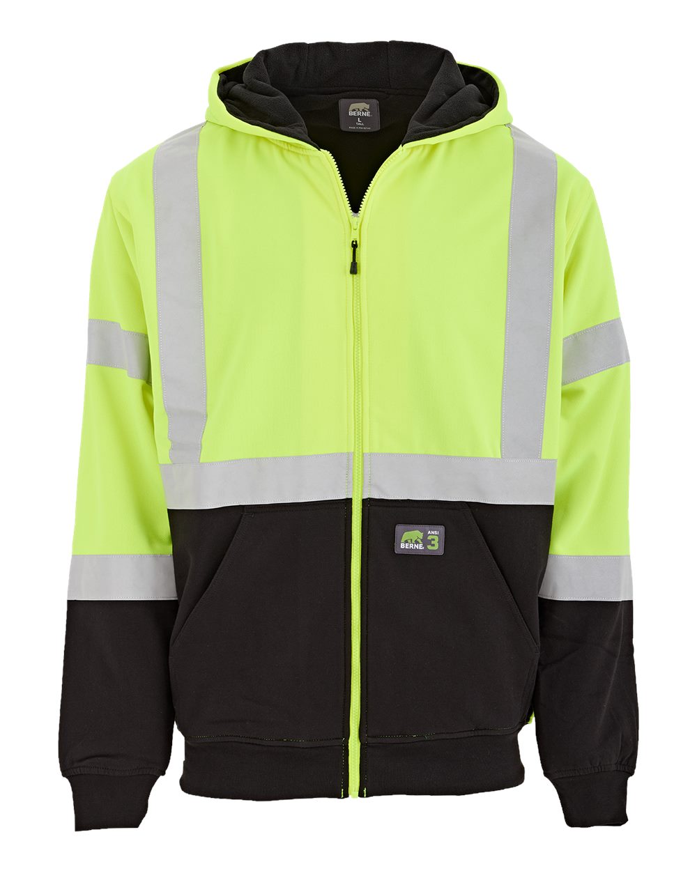 Berne Apparel Men's Hi-Vis Class 3 Color Block Full-Zip Hooded Sweatshirt. HVF023 - Hi Vis Yellow
