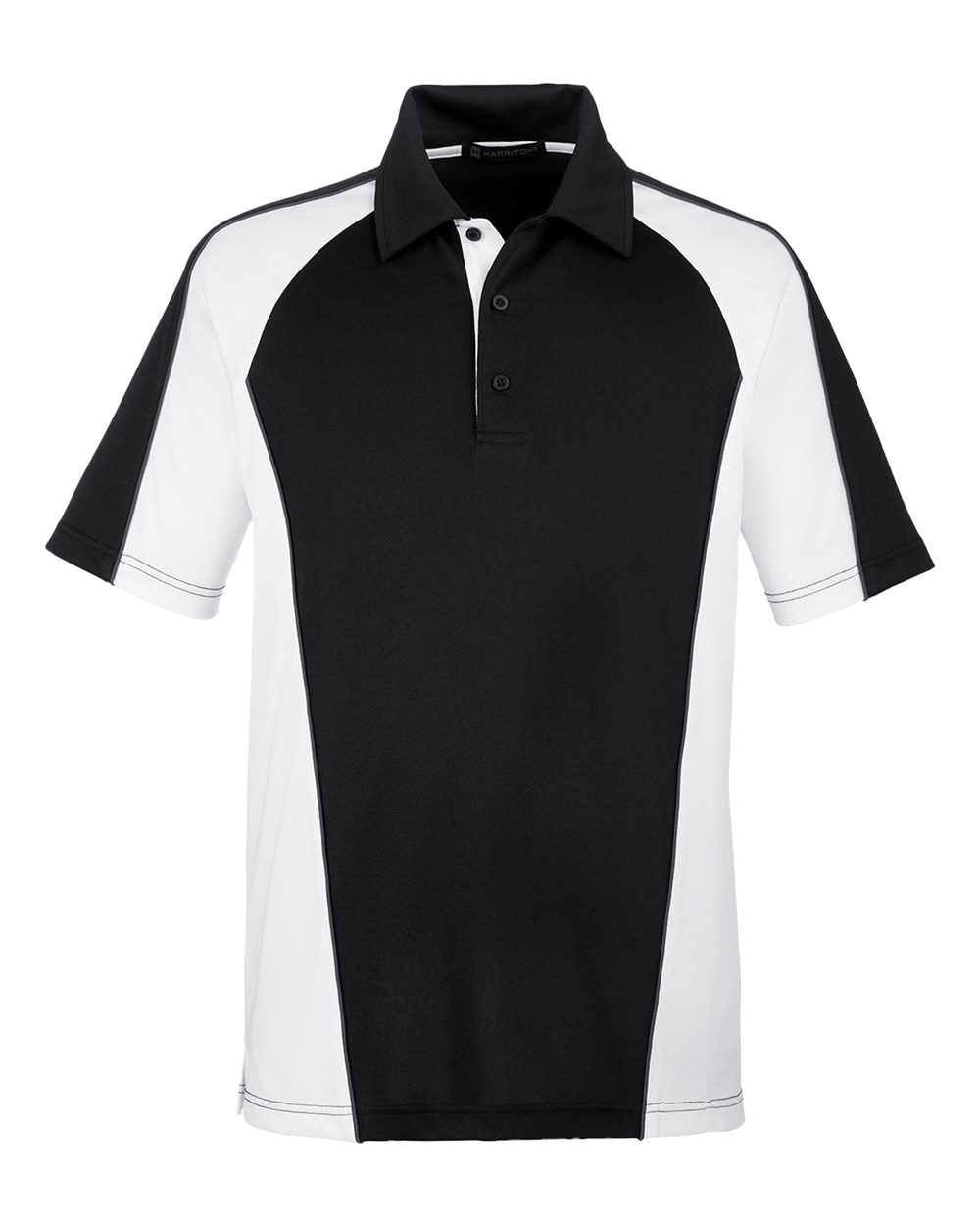Harriton Men's Advantage Snag Protection Plus IL Colorblock Polo. M385 - Black/ White/ Dark Charcoal