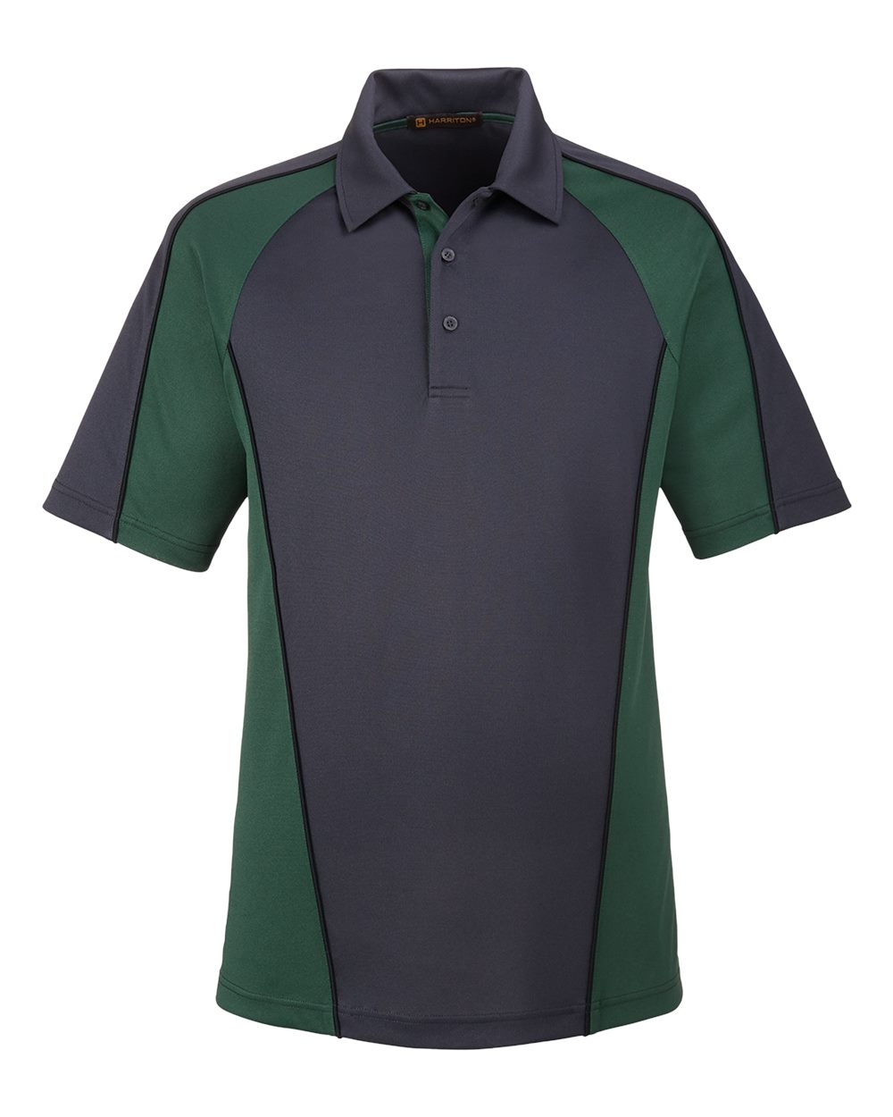 Harriton Men's Advantage Snag Protection Plus IL Colorblock Polo. M385 - Dark Charcoal/ Dark Green/ Black