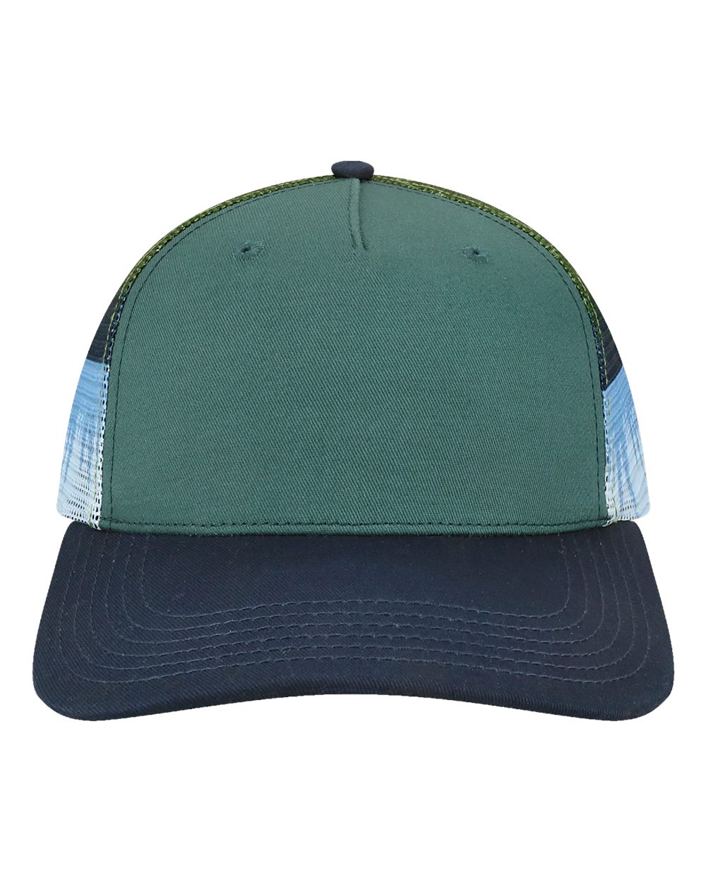 LOCALE Plain Front Five-Panel Trucker Cap. 5PTKRS - Deep Teal/ Lake Moonrise/ Navy