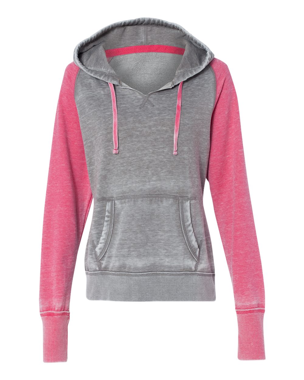 J. America Women's Zen Fleece Raglan Hooded Sweatshirt. 8926 - Cement/ Wildberry