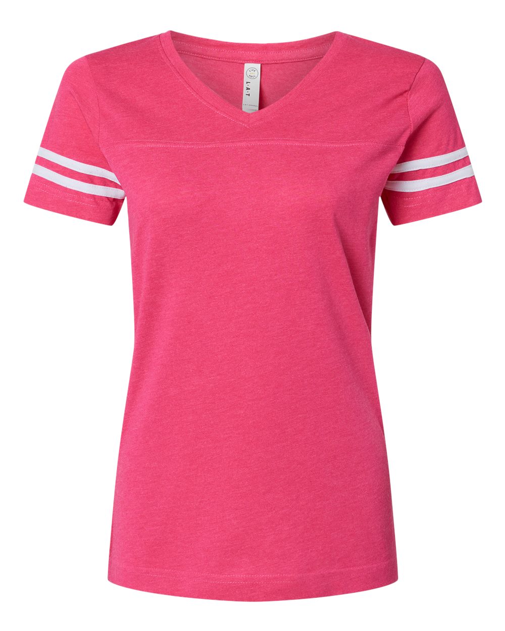 LAT Women's Football V-Neck Fine Jersey Tee. 3537 - Vintage Hot Pink/ White