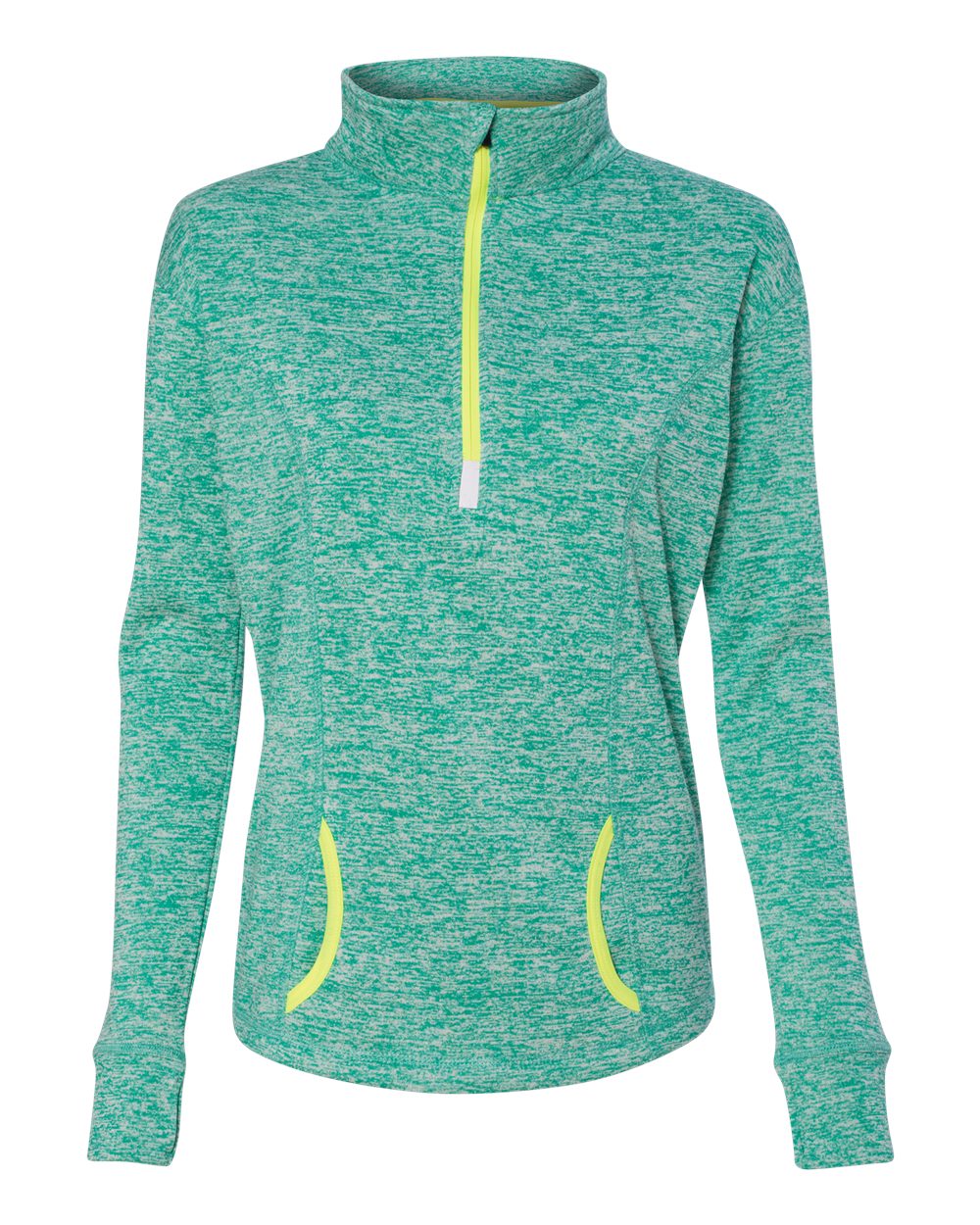 J. America Women's Cosmic Fleece Quarter-Zip Pullover. 8617 - Emerald/ Neon Yellow
