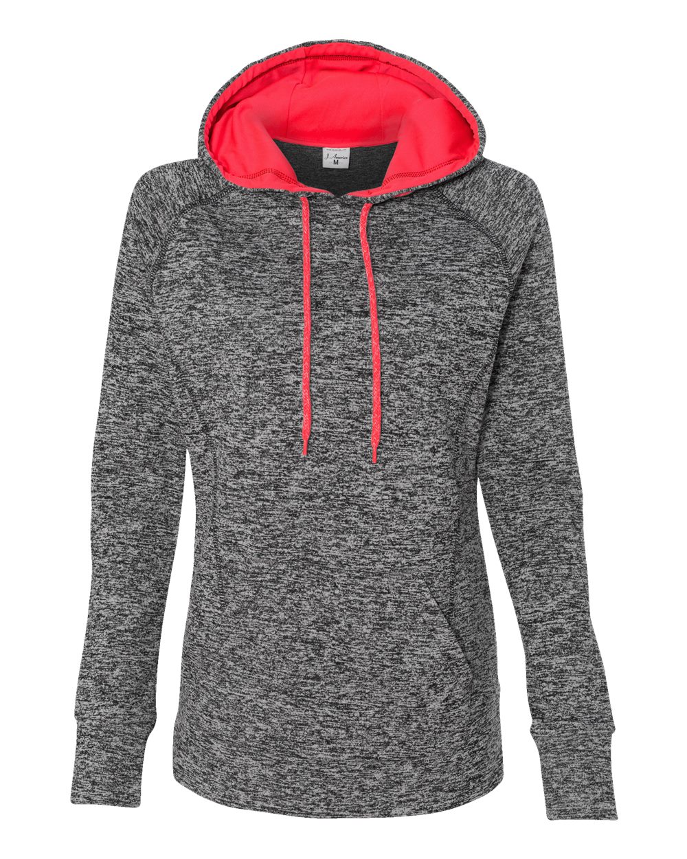 J. America Women’s Cosmic Fleece Hooded Sweatshirt. 8616 - Charcoal Fleck/ Fire Coral
