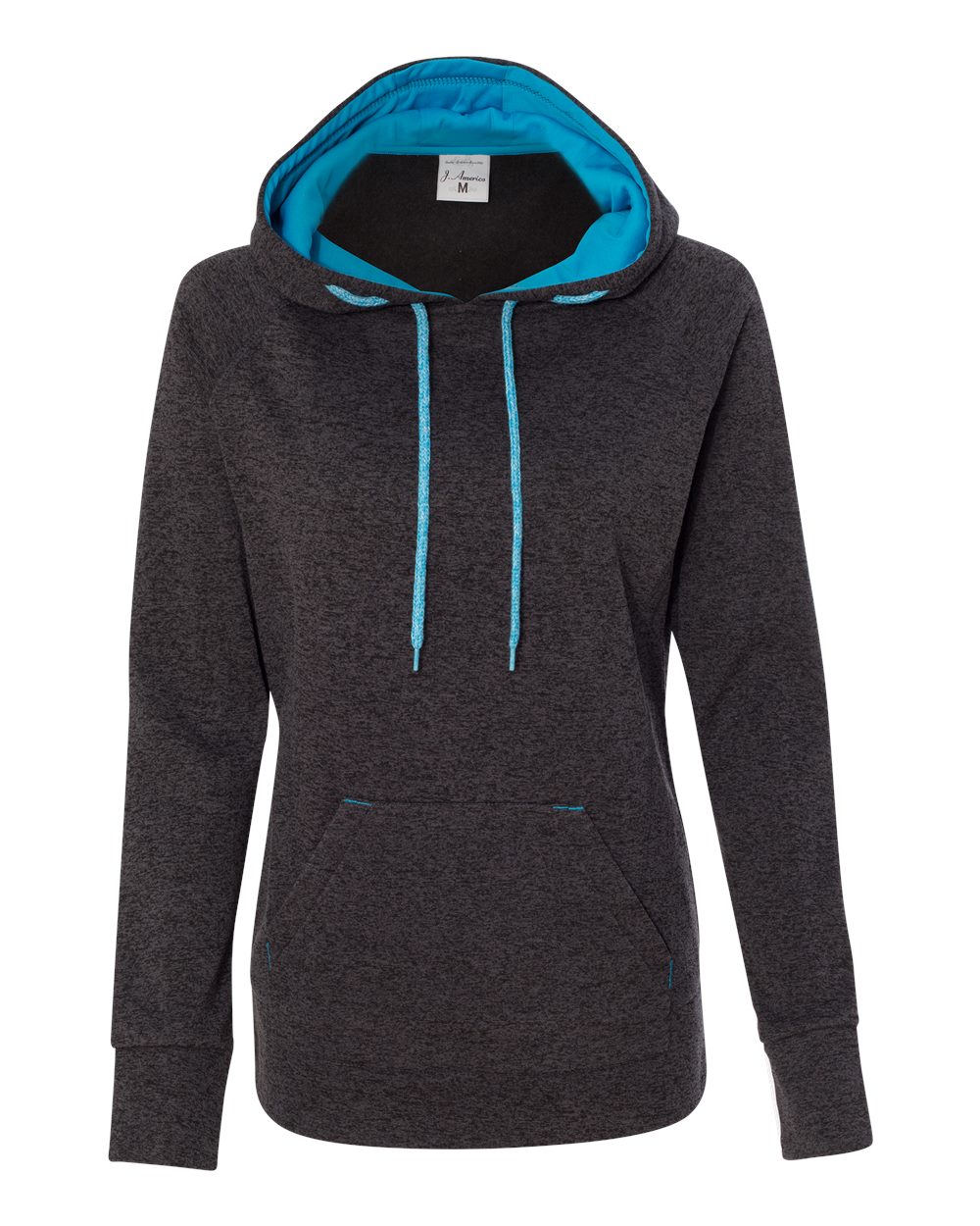 J. America Women’s Cosmic Fleece Hooded Sweatshirt. 8616 - Onyx Fleck/ Electric Blue