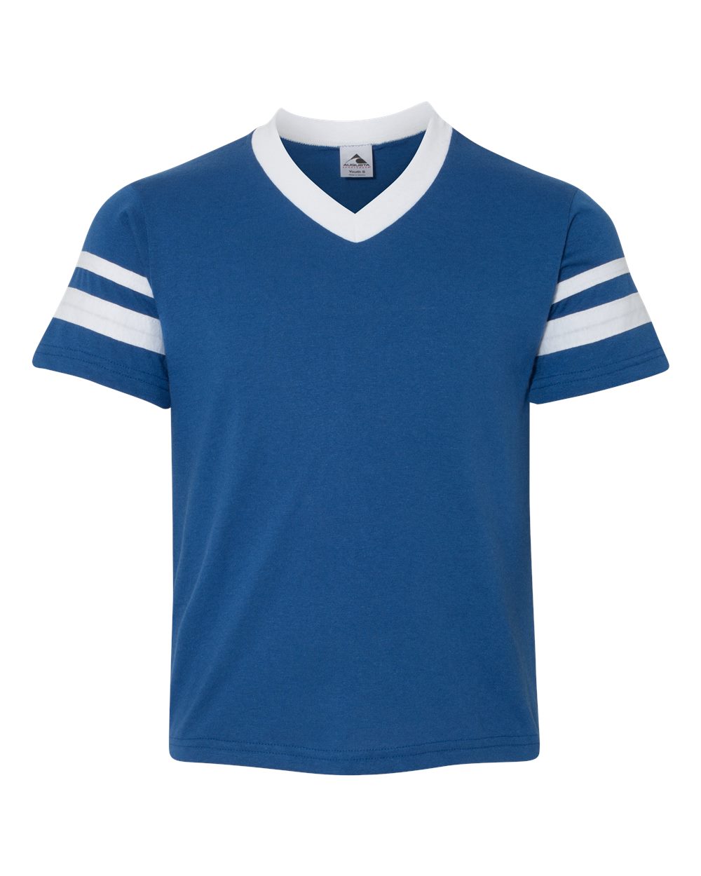 Augusta Sportswear Youth V-Neck Jersey with Striped Sleeves. 361 - Royal/ White