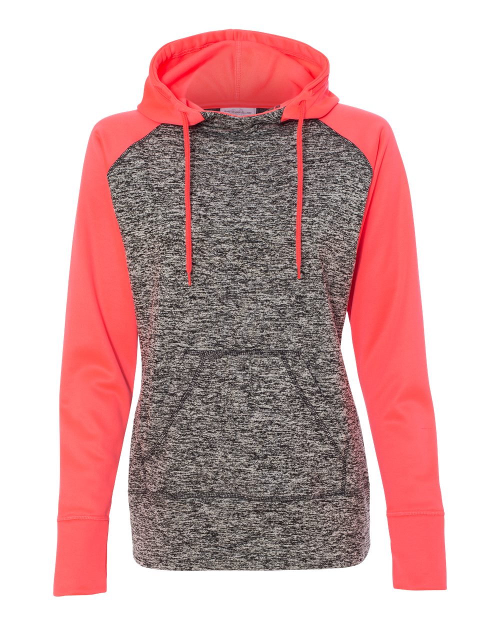 J. America Women’s Colorblocked Cosmic Fleece Hooded Sweatshirt. 8618 - Charcoal Fleck/ Fire Coral