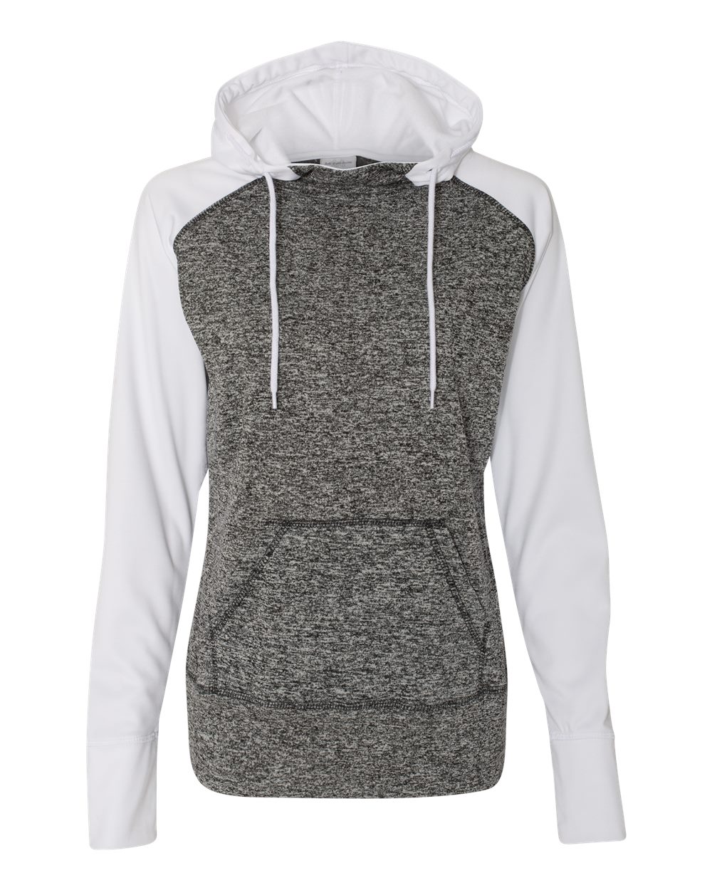 J. America Women’s Colorblocked Cosmic Fleece Hooded Sweatshirt. 8618 - Charcoal Fleck/ White