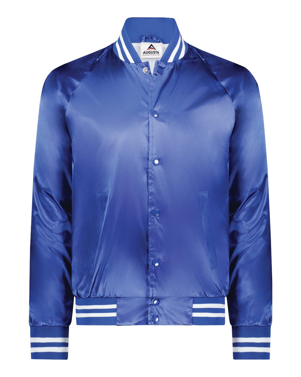 Augusta Sportswear Unisex Satin Baseball Jacket Striped Trim. 3610 - Royal/ White