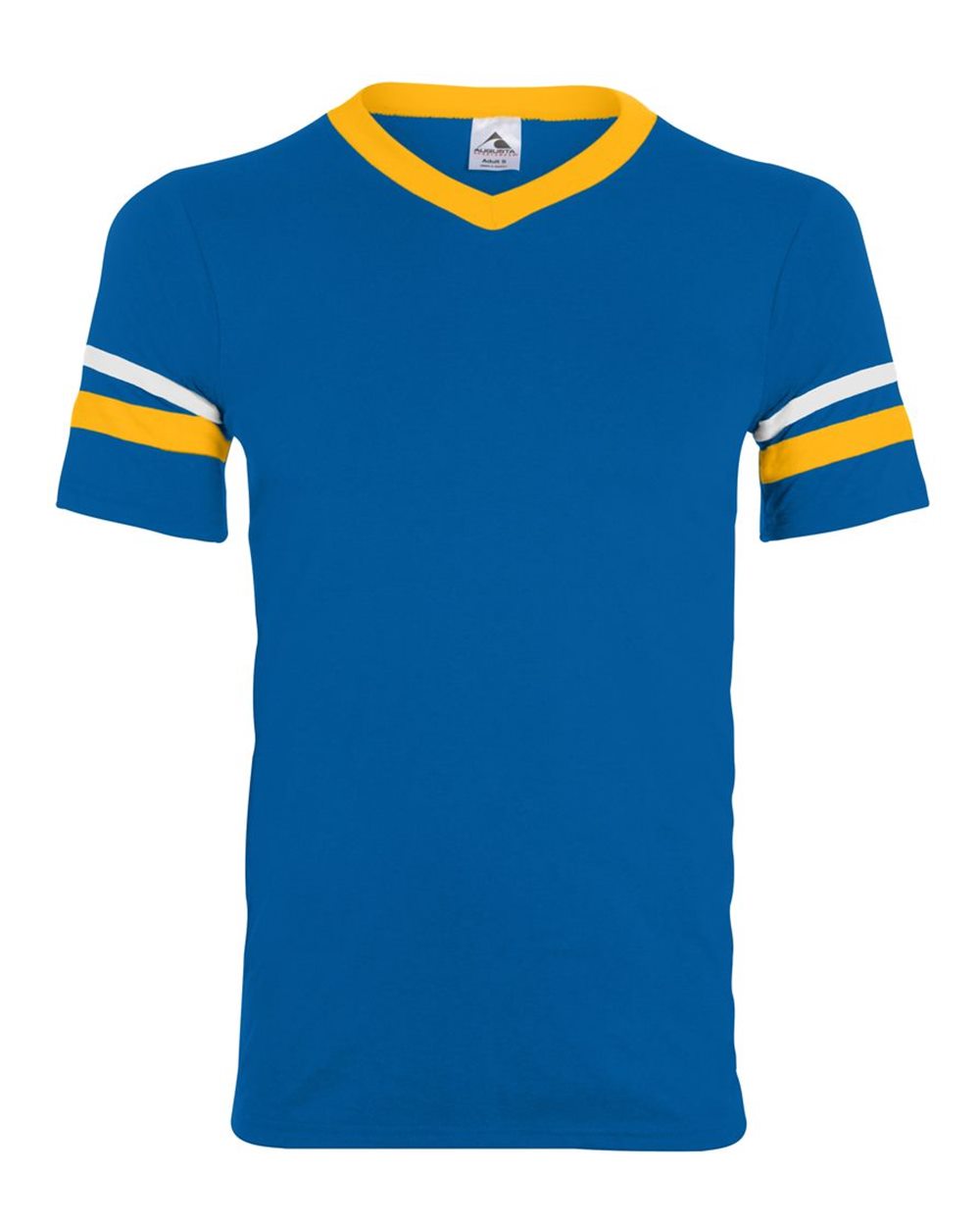 Augusta Sportswear V-Neck Jersey with Striped Sleeves. 360 - Royal/ Gold/ White