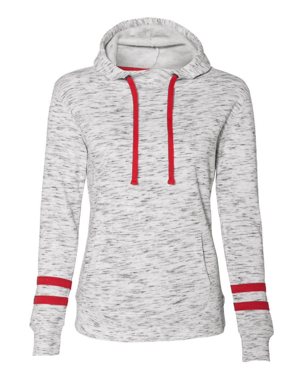 J. America Women’s Mélange Fleece Striped-Sleeve Hooded Sweatshirt. 8674 - White/ Red