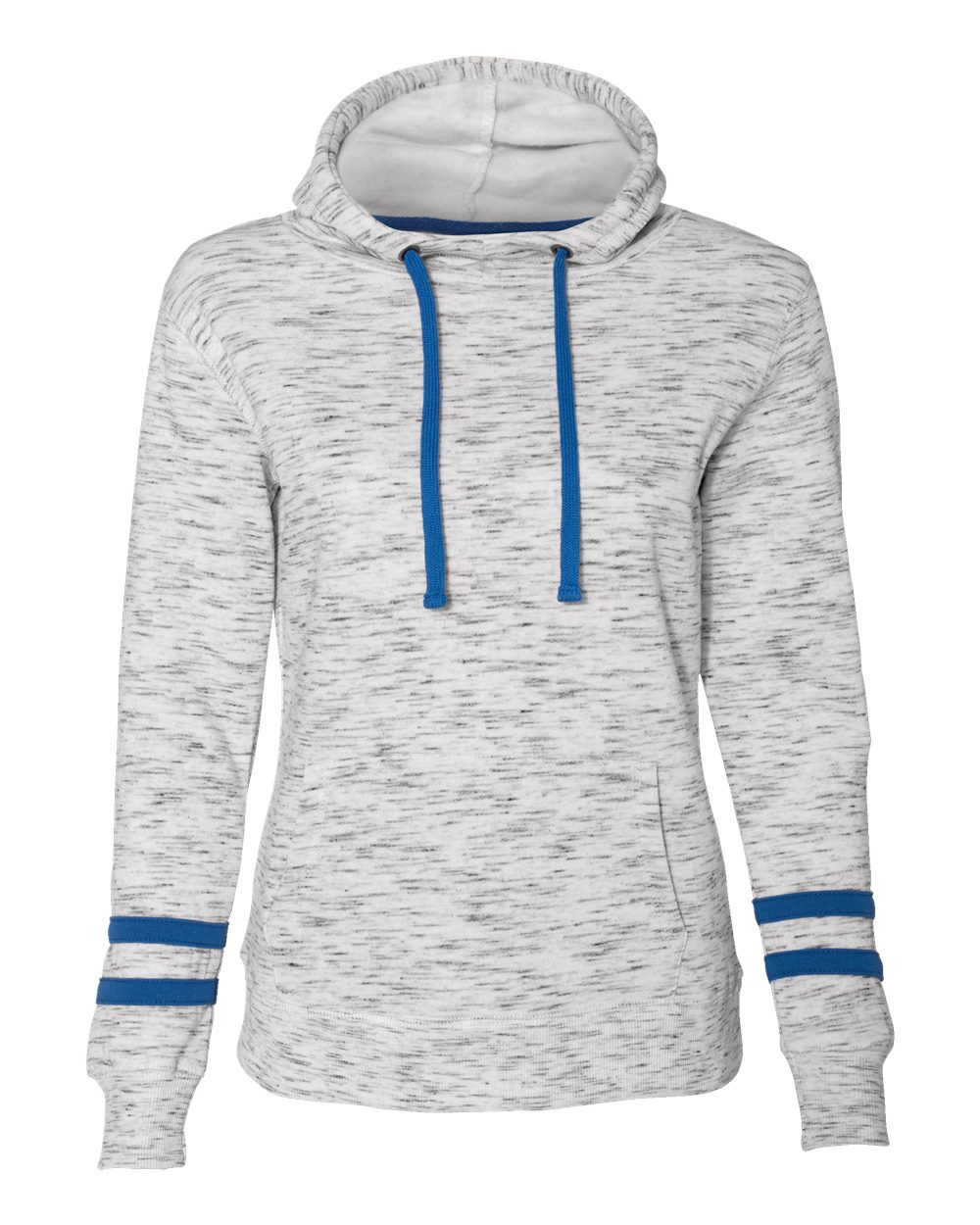 J. America Women’s Mélange Fleece Striped-Sleeve Hooded Sweatshirt. 8674 - White/ Royal