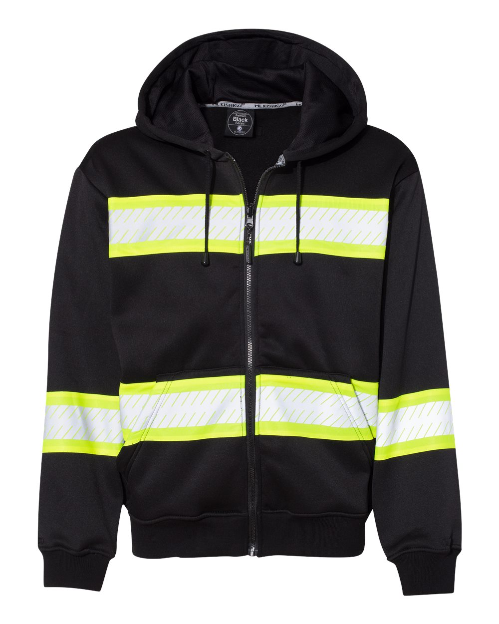 Kishigo Men's EV Series® Enhanced Visibility Full-Zip Hooded Sweatshirt. B310-313 - Black/ Lime