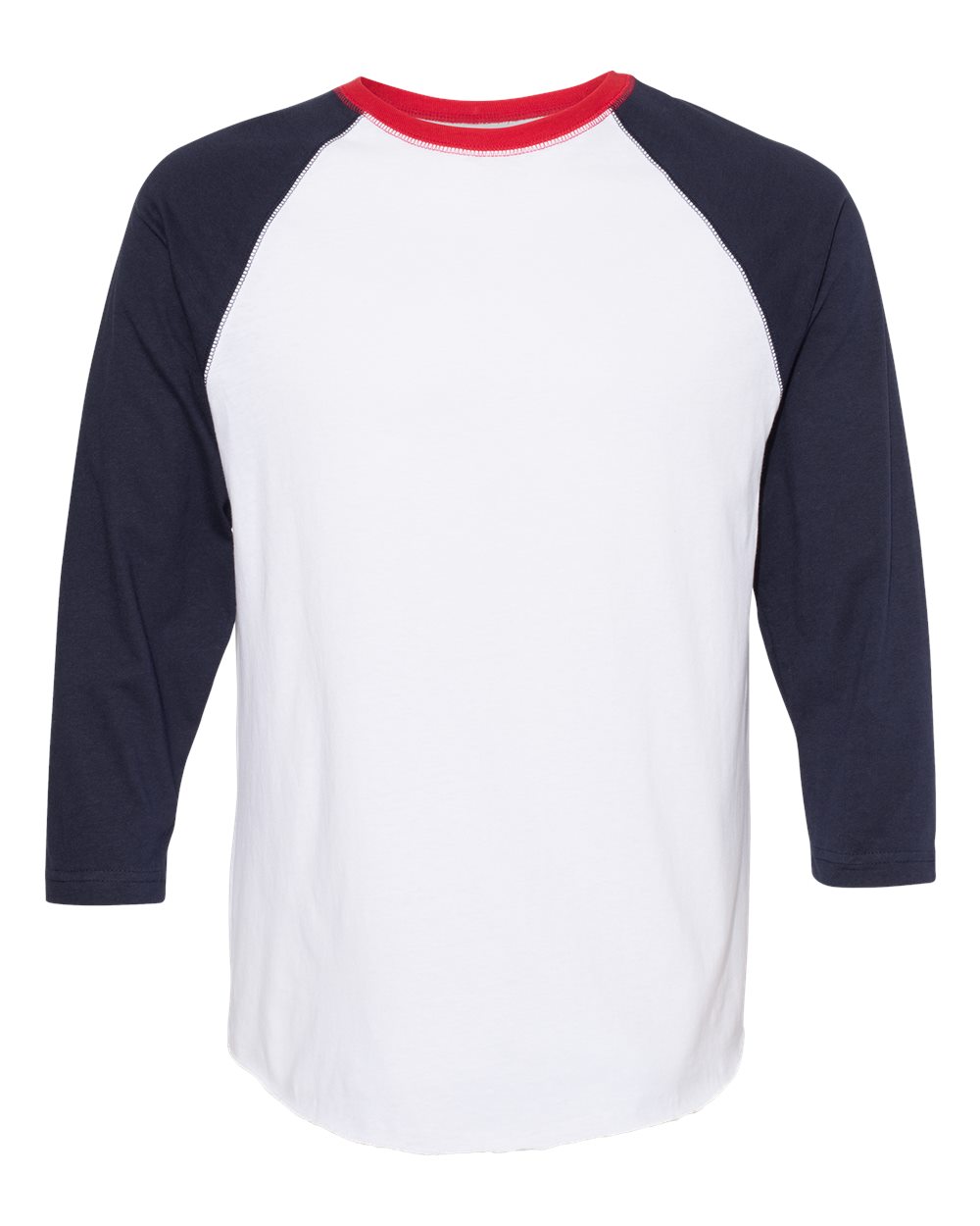 LAT Unisex Baseball Fine Jersey Three-Quarter Sleeve Tee. 6930 - White/ Navy/ Red