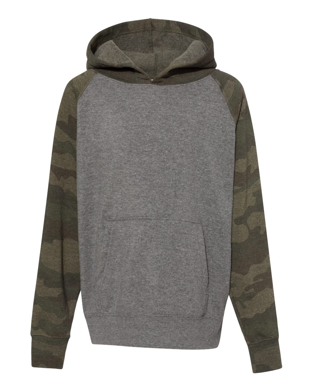 Independent Trading Co. Youth Lightweight Special Blend Raglan Hooded Sweatshirt. PRM15YSB - Nickel Heather/ Forest Camo