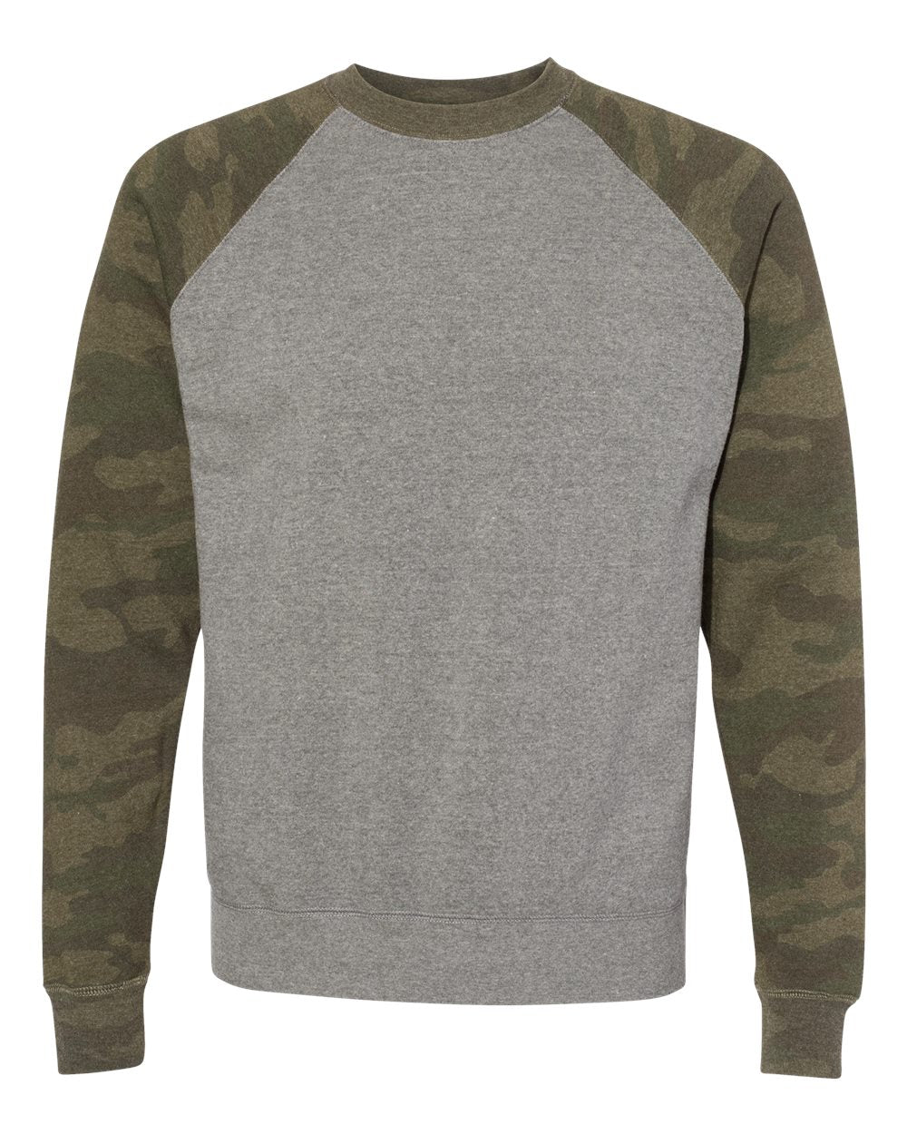 Independent Trading Co. Unisex Special Blend Raglan Crewneck Sweatshirt. PRM30SBC - Nickel Heather/ Forest Camo