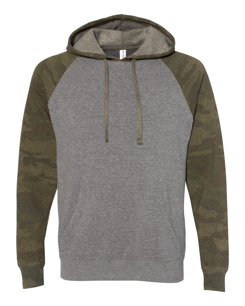 Independent Trading Co. Unisex Special Blend Raglan Hooded Sweatshirt. PRM33SBP - Nickel Heather/ Forest Camo