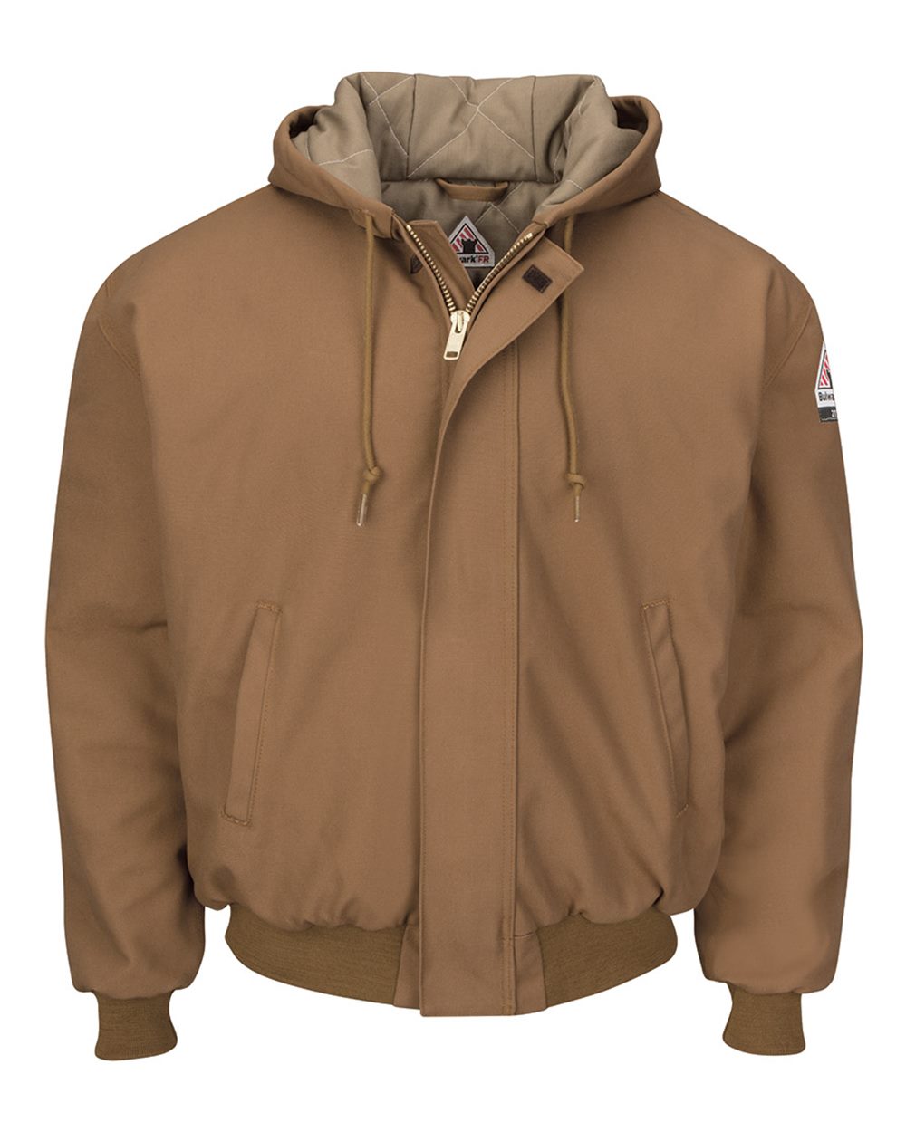 Bulwark Men's Insulated Brown Duck Hooded Jacket with Knit Trim. JLH6 - Brown Duck