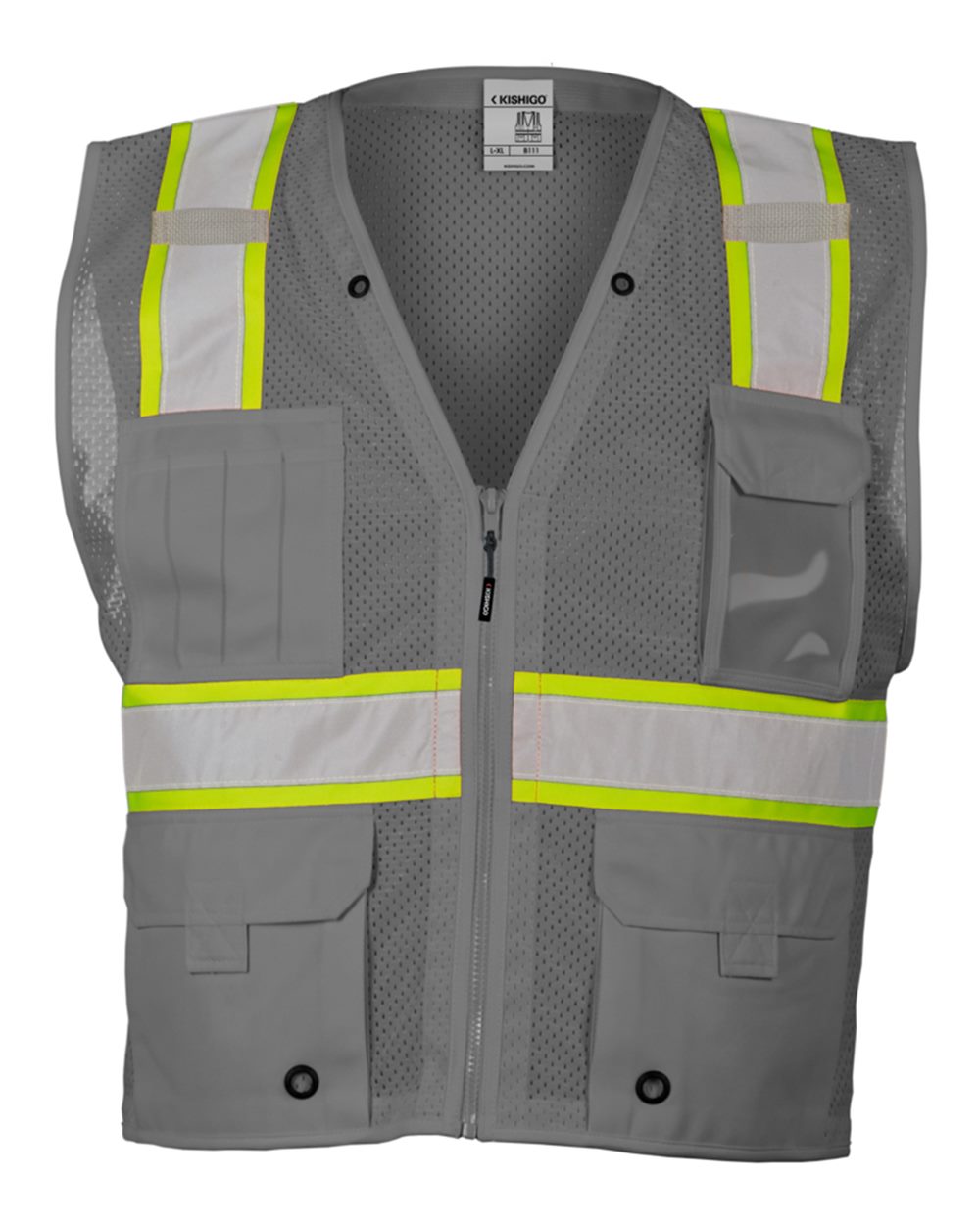 Kishigo Unisex EV Series® Enhanced Visibility Multi-Pocket Mesh Vest. B100-111 - Grey/ Lime - B111