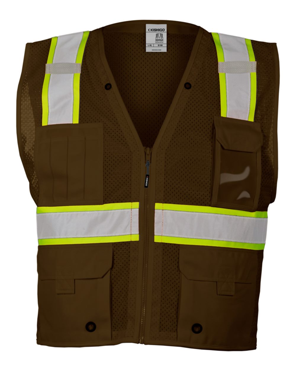 Kishigo Unisex EV Series® Enhanced Visibility Multi-Pocket Mesh Vest. B100-111 - Brown/ Lime - B108