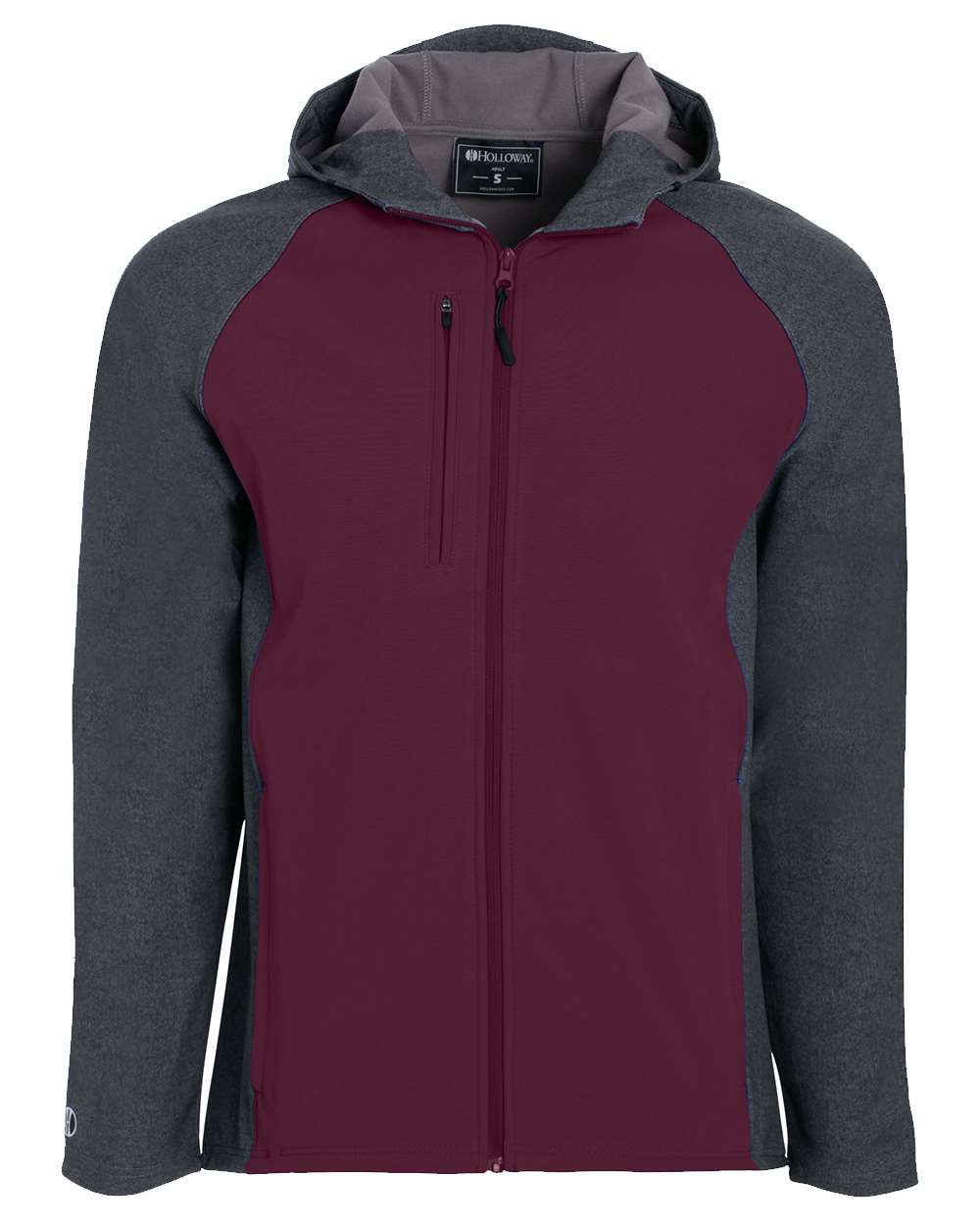 Holloway Men's Raider Hooded Soft Shell Jacket. 229157 - Carbon Print/ Maroon