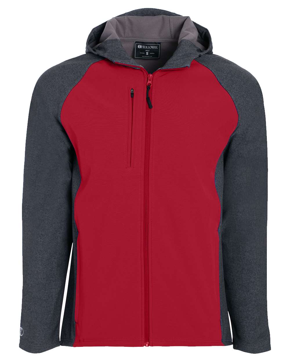 Holloway Men's Raider Hooded Soft Shell Jacket. 229157 - Carbon Print/ Scarlet