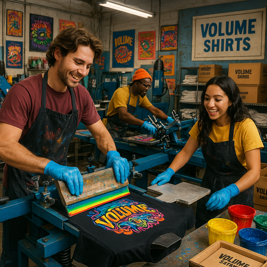 Three people working in a screen printing studio with 'Volume Shirts' branding.
