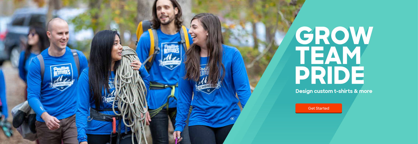 Team wearing blue 'Grow Team Pride' shirts with a custom design, promoting outdoor activities.