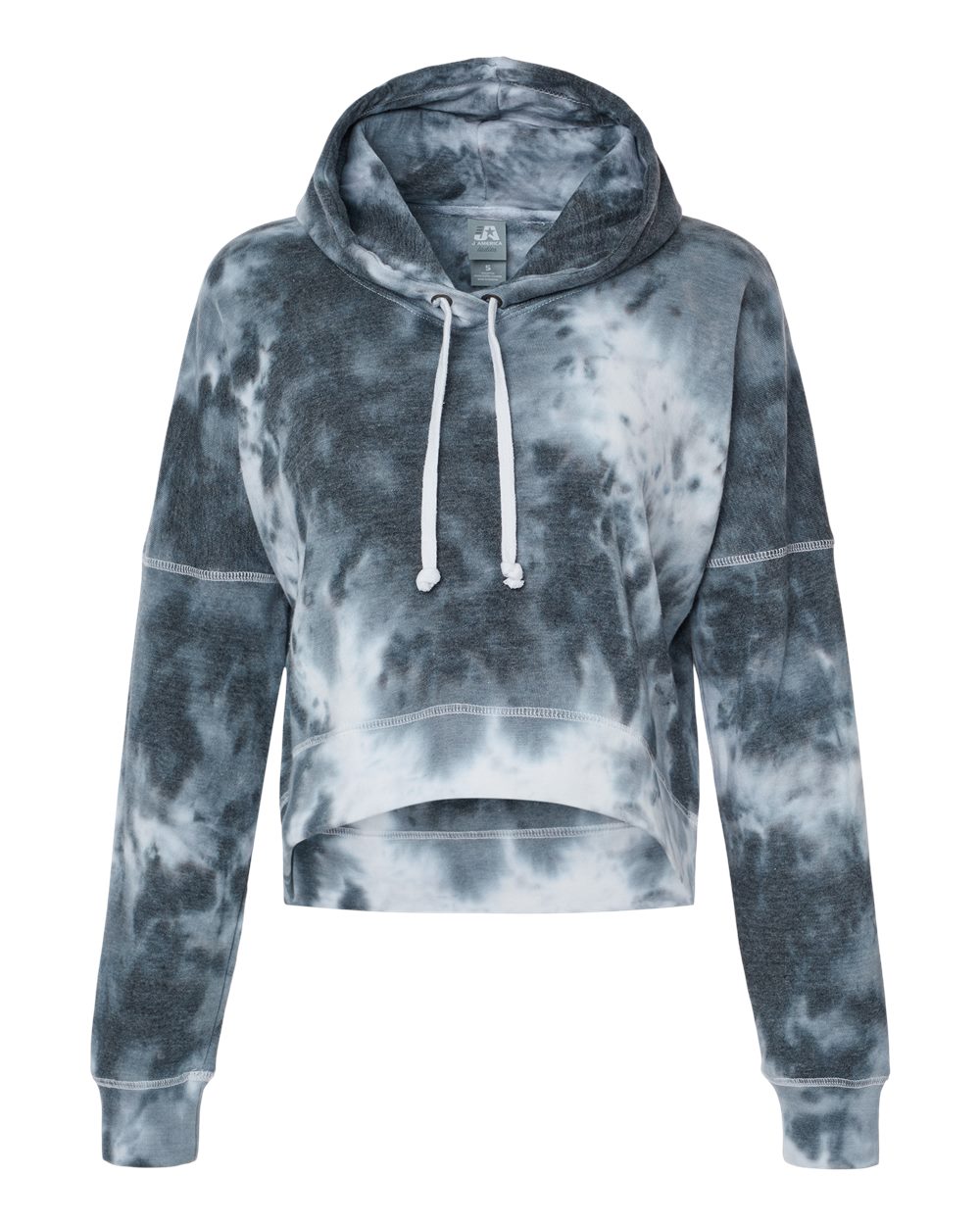 J. America Women's Crop Hooded Sweatshirt. 8853 - Black Tie Dye