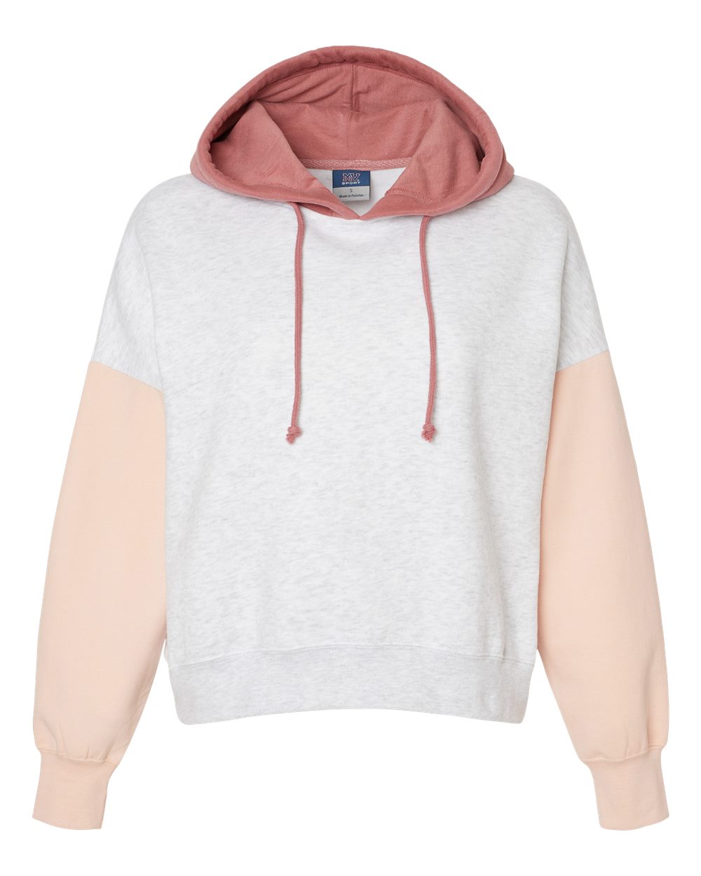 MV Sport Women's Sueded Fleece Colorblocked Crop Hooded Sweatshirt. W23716 - Cameo Pink
