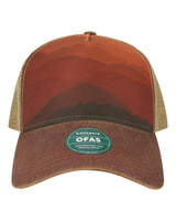 LEGACY Old Favorite Five-Panel Trucker Cap. OFAFP - Mt Sunset/ Maroon/ Khaki