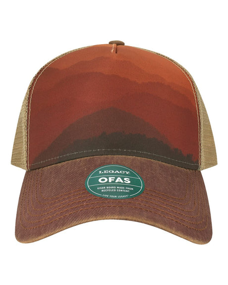 LEGACY Old Favorite Five-Panel Trucker Cap. OFAFP - Mt Sunset/ Maroon/ Khaki
