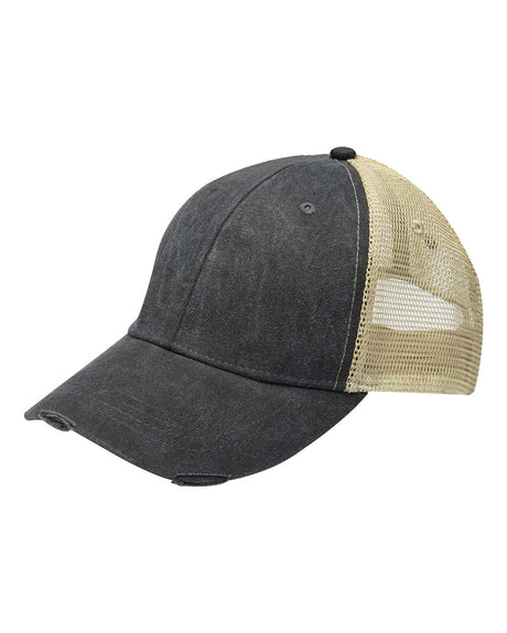 Adams Headwear Ollie Distressed Trucker Cap. OL102 - Black/ Tan
