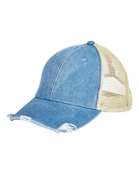 Adams Headwear Ollie Distressed Trucker Cap. OL102 - Light Denim/ Tan