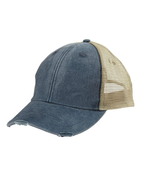 Adams Headwear Ollie Distressed Trucker Cap. OL102 - Navy/ Tan