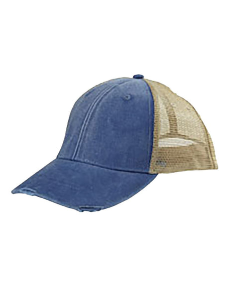Adams Headwear Ollie Distressed Trucker Cap. OL102 - Royal/ Tan