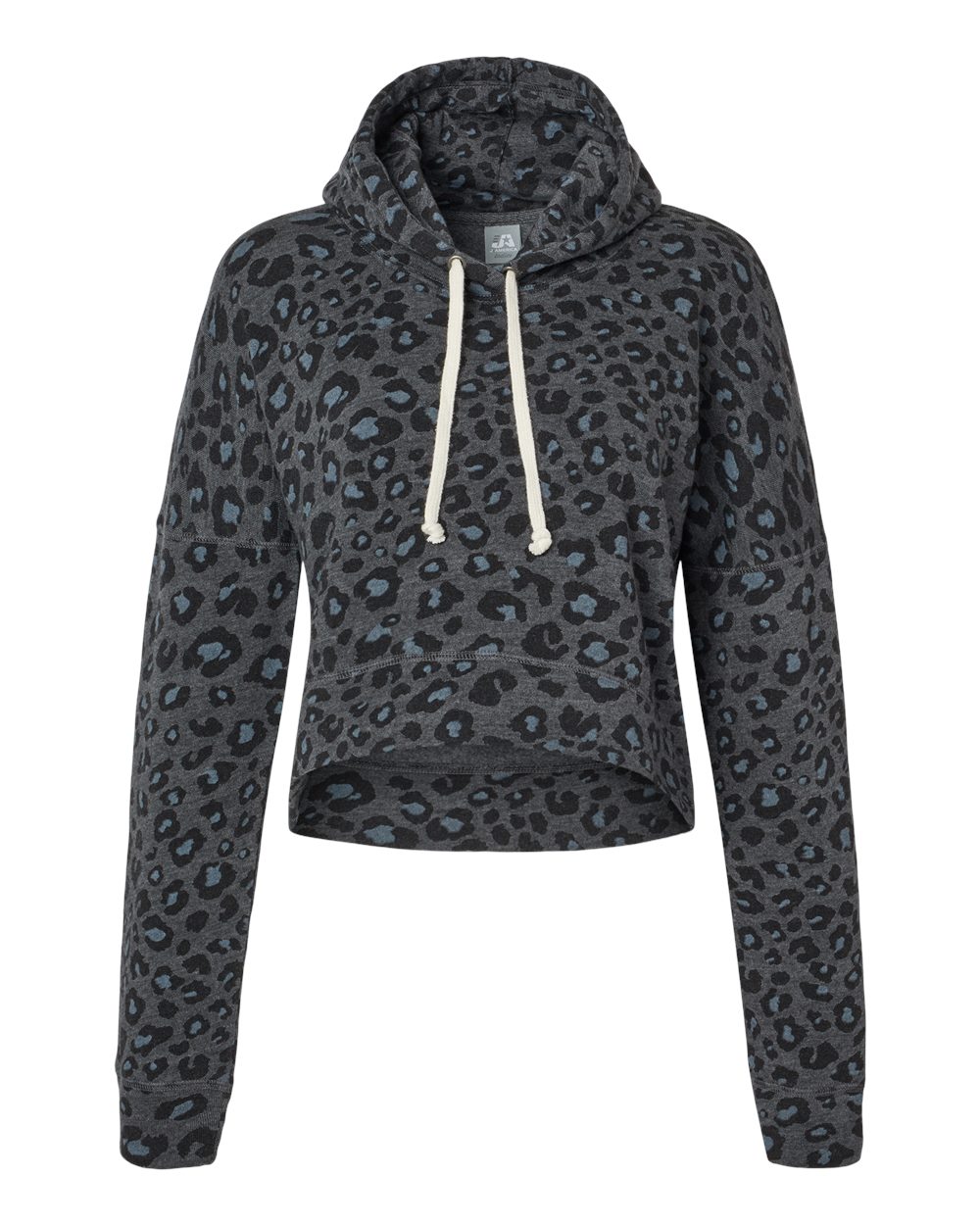 J. America Women's Crop Hooded Sweatshirt. 8853 - Black Leopard Triblend