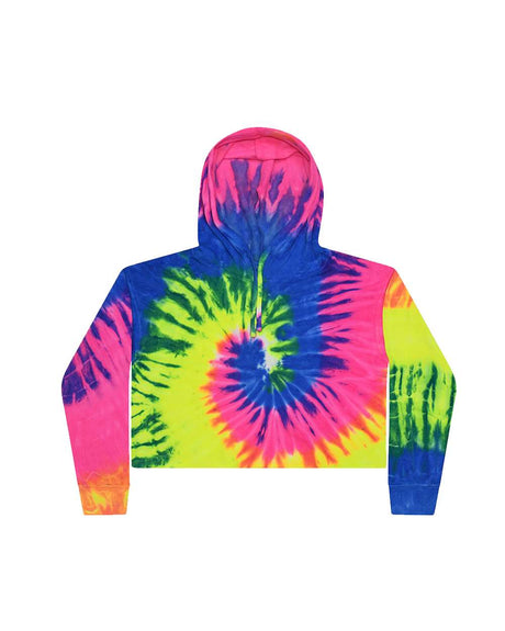 Colortone Women's Tie-Dyed Crop Hooded Sweatshirt. 8333 - Neon Rainbow
