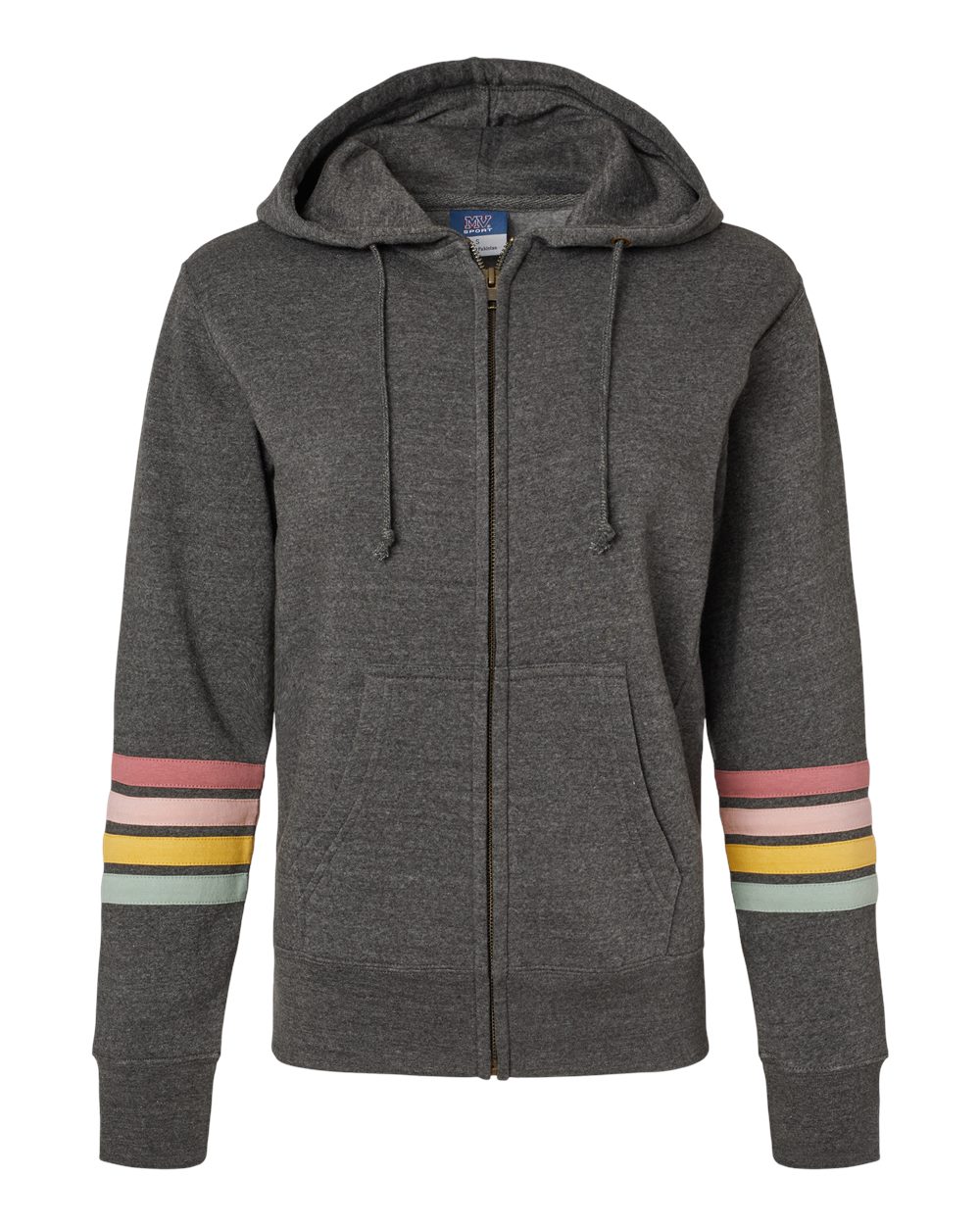 MV Sport Women's Striped Sleeves Full-Zip Hooded Sweatshirt. W22732 - Charcoal