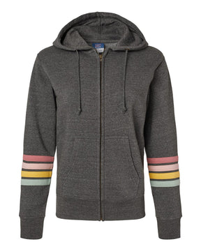 MV Sport Women's Striped Sleeves Full-Zip Hooded Sweatshirt. W22732 - Charcoal