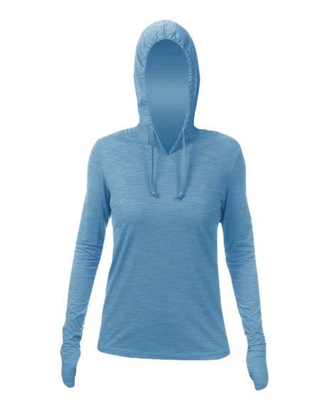 ANETIK Women's Breeze Tech Hooded Long Sleeve T-Shirt. WSBRZH0 - Bahama Heathered