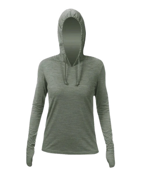 ANETIK Women's Breeze Tech Hooded Long Sleeve T-Shirt. WSBRZH0 - Dark Olive Heathered
