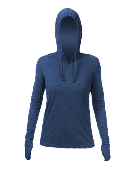 ANETIK Women's Breeze Tech Hooded Long Sleeve T-Shirt. WSBRZH0 - Navy Heathered
