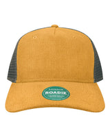 LEGACY Five-Panel Adjustable Cap. ROADIE - Mustard Corduroy/ Dark Grey