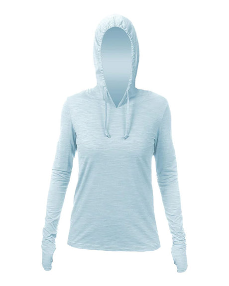 ANETIK Women's Breeze Tech Hooded Long Sleeve T-Shirt. WSBRZH0 - Sky Heathered