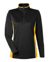 Harriton Women's Flash Snag Protection Plus IL Colorblock Quarter-Zip Pullover. M786W - Black/ Sunray Yellow